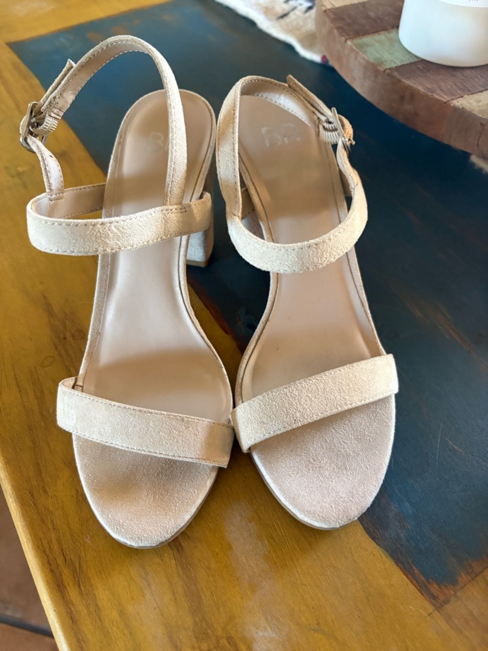 bp Neutral Beige Suede Block Heel Sandals - Picture 3 of 7